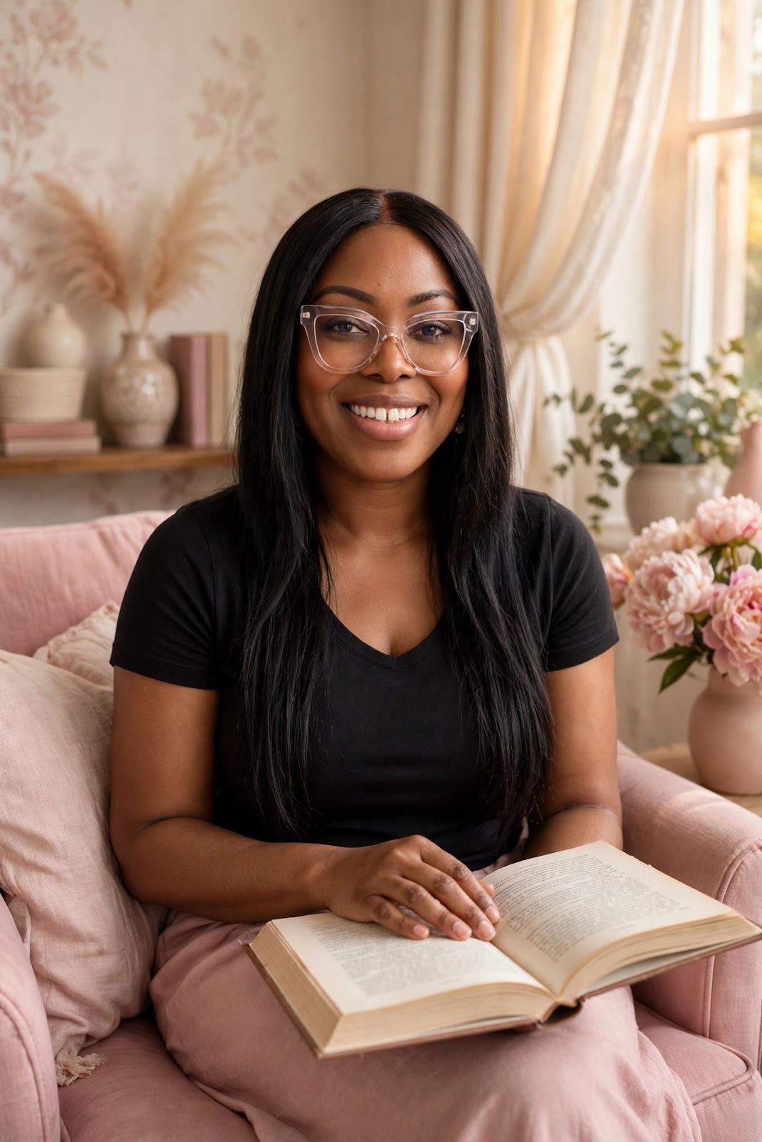Chioma Okechukwu smiling warmly with an open book
