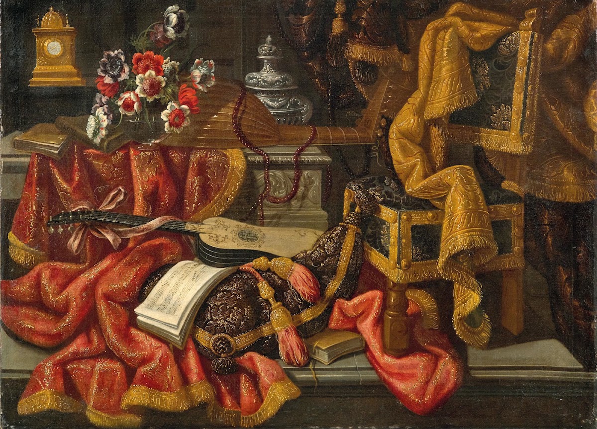 A clock a vase of flowers a lute a guitar a sheet of music a chair and drapes