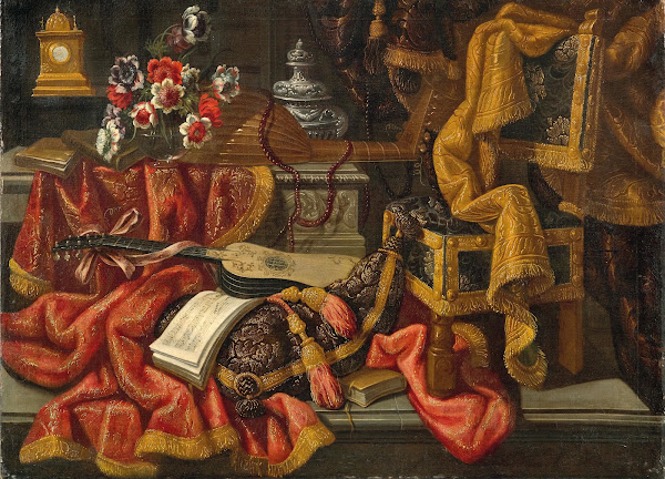 A clock a vase of flowers a lute a guitar a sheet of music a chair and drapes