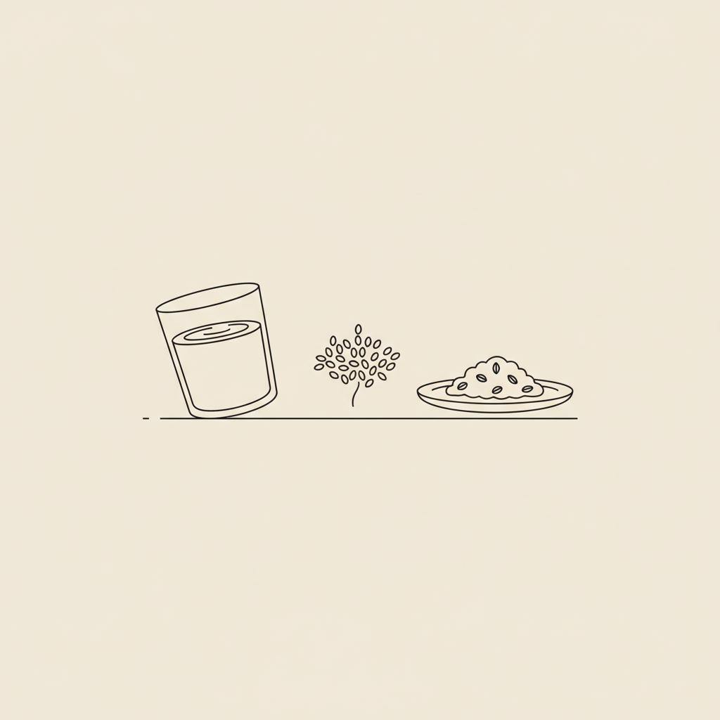 Minimal Tonum-style line illustration of a glass of water, a psyllium seed cluster, and a plate of oats on beige background — does fiber slow down hunger