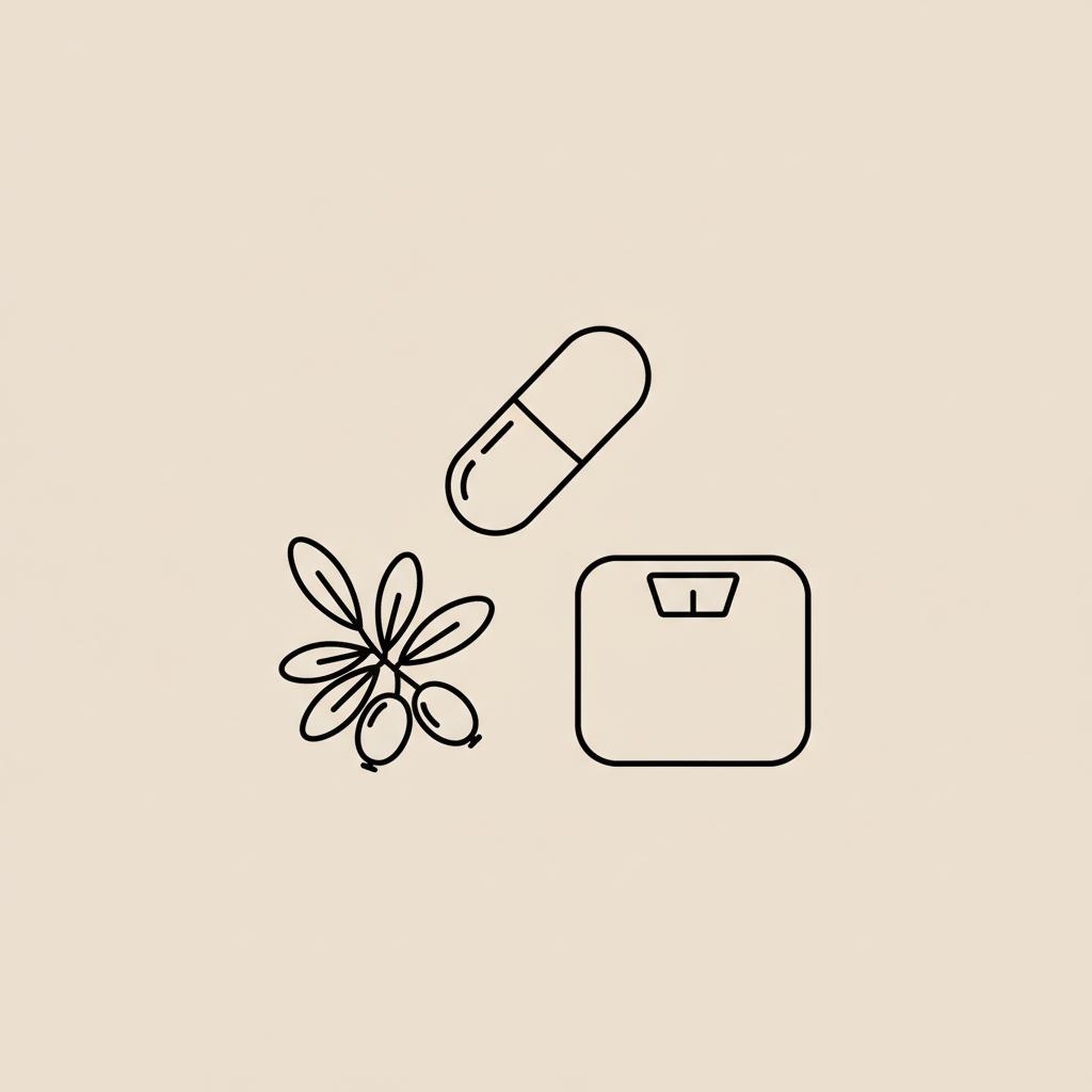 Minimal Tonum-style line illustration of a berberine capsule, barberry branch, and simple scale on a flat beige background #F2E5D5
