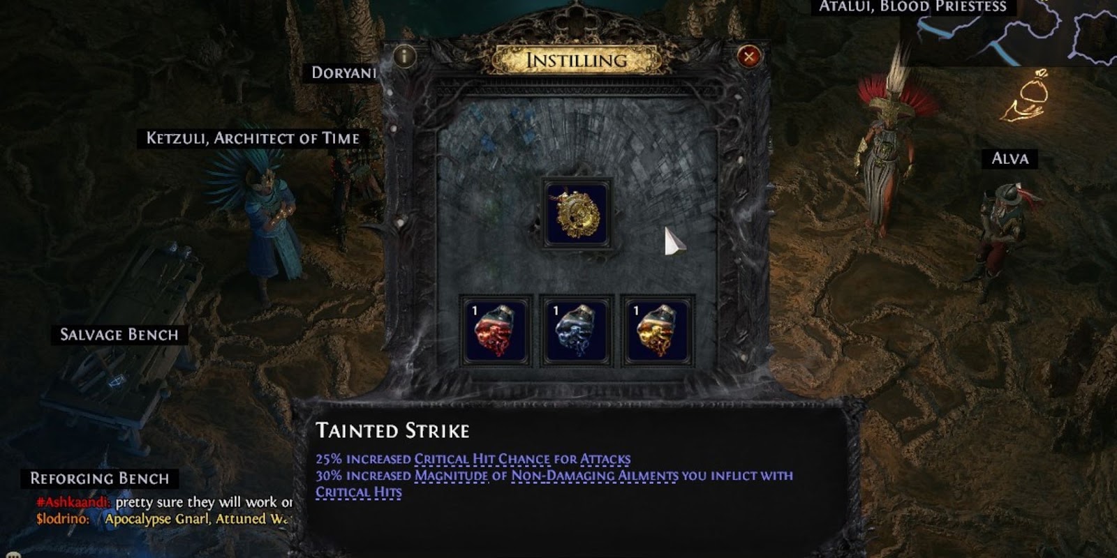 The PoE2 Instilling window: amulet in the top slot, three distilled emotions below