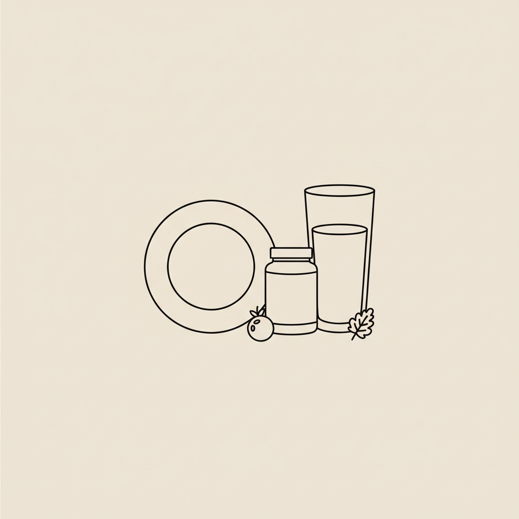 Minimalist line illustration of a plate, water glass and supplement jar with a berry and milk thistle leaf on beige background, illustrating meal replacements