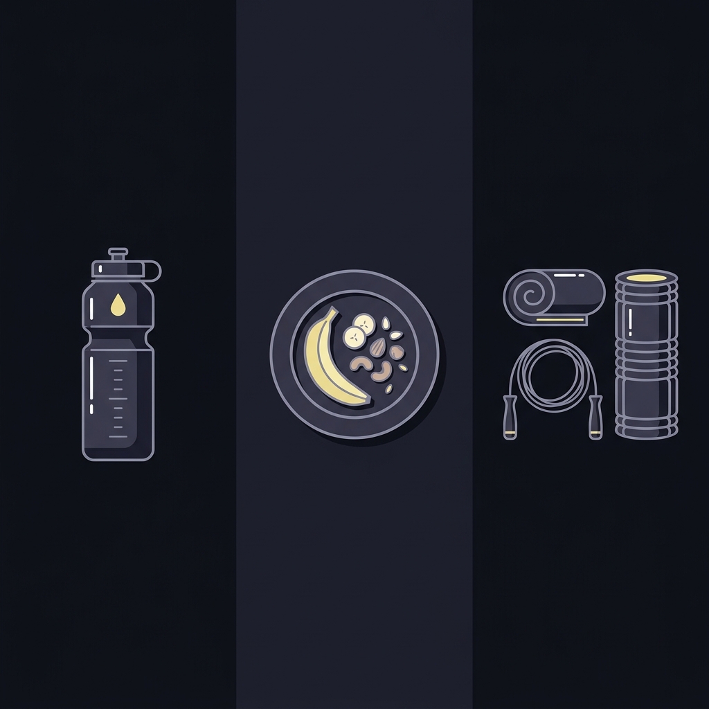 Minimal 2D vector triptych showing staged rehydration small drink light snack warm up icons on dark Funded Plays palette How Weight Cuts Influence Performance