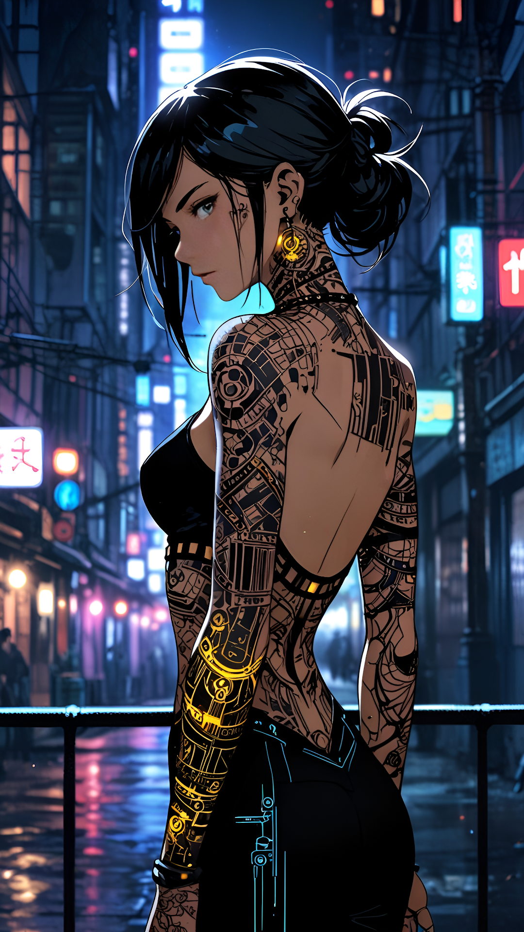 Anime Cyberpunk Girl Intricate Glowing Back Tattoos Neon City - Free 4K mobile Wallpaper