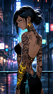 Anime Cyberpunk Girl Intricate Glowing Back Tattoos Neon City
