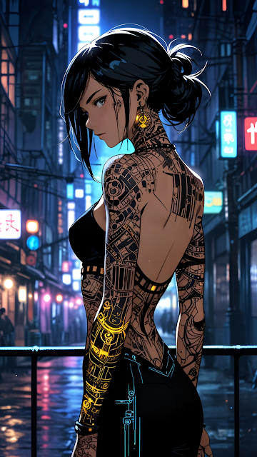 Anime Cyberpunk Girl Intricate Glowing Back Tattoos Neon City - Free mobile Wallpaper