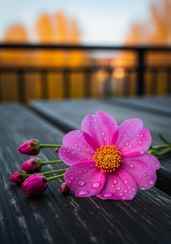 Dew-Kissed Pink Flower on Balcony