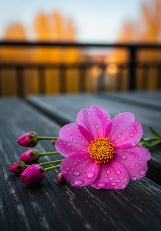 Dew-Kissed Pink Flower on Balcony
