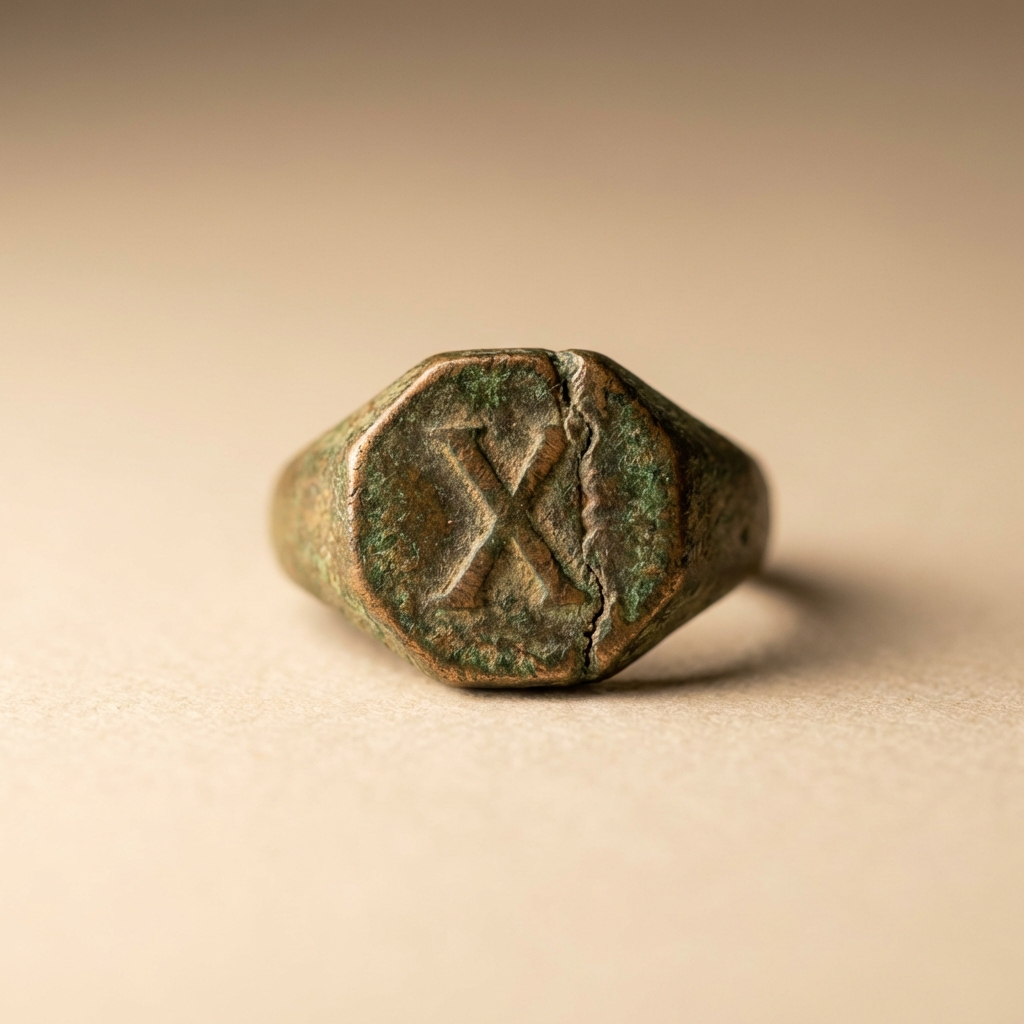 Macro view of a roman bronze ring octagonal bezel with worn numerical motif visible casting seam and natural patina on a warm neutral background