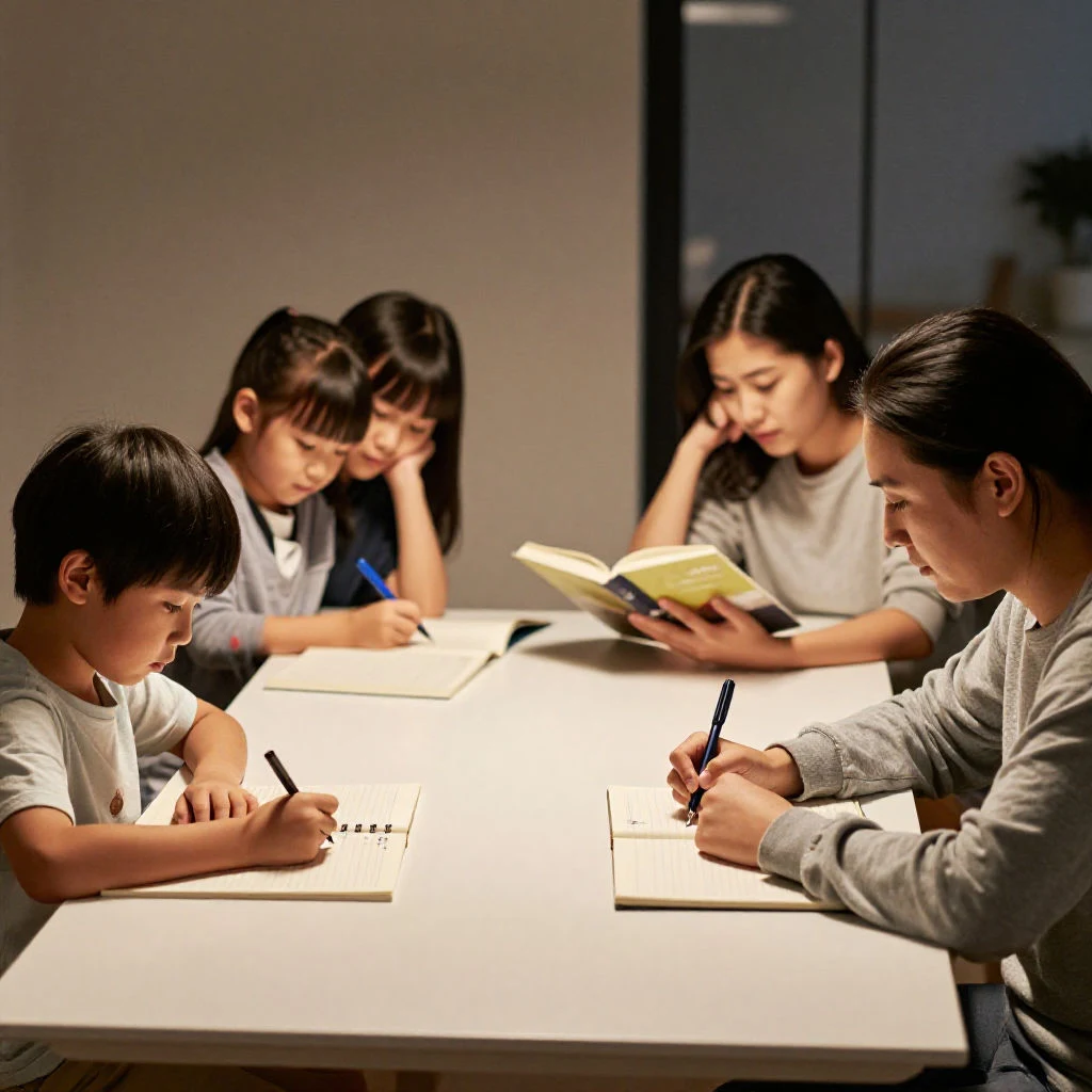 가족이 함께 각자의 일을 하며 공부 분위기를 만드는 저녁 가정 풍경