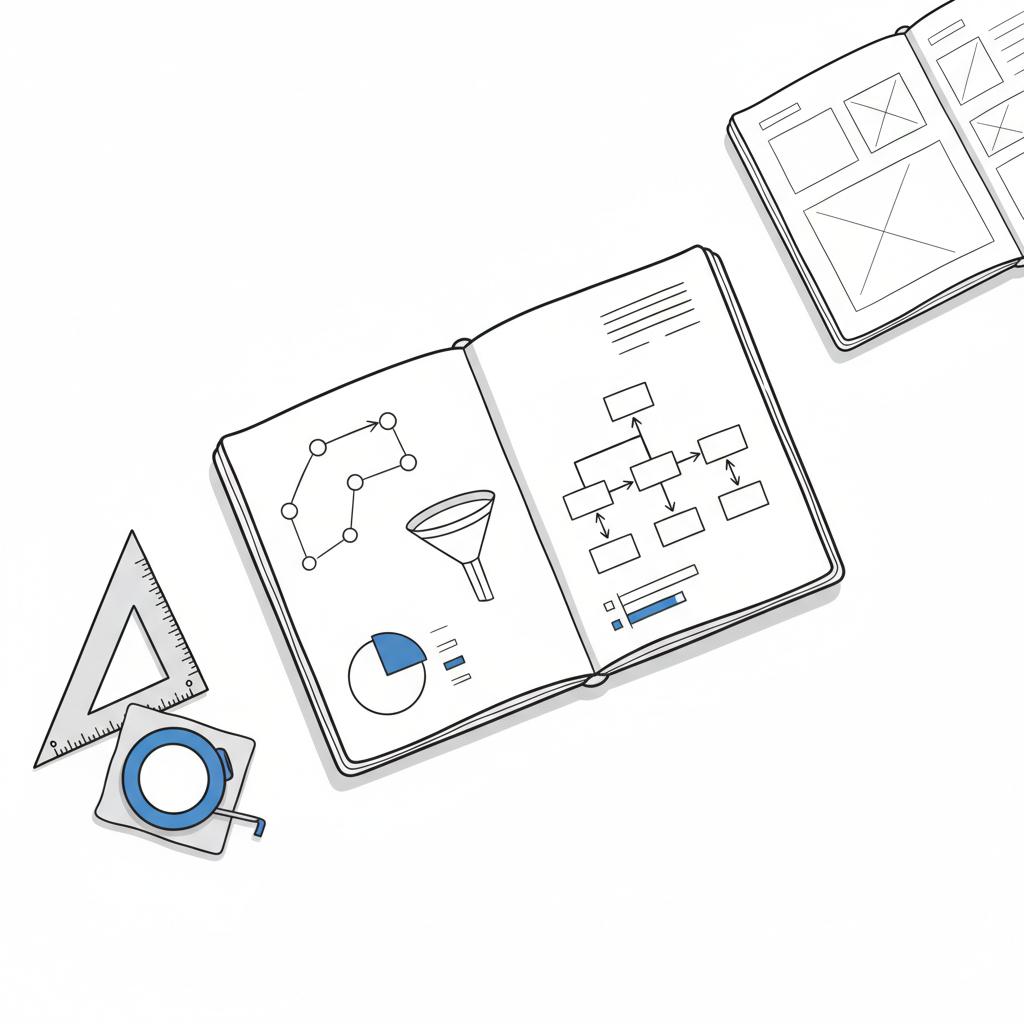 Minimalist 2D vector workbench with carpenter's square, measuring tape and partially visible lay-flat portfolio of project sketches; subtle #1a5bfb accent cloth to advertise on Houzz