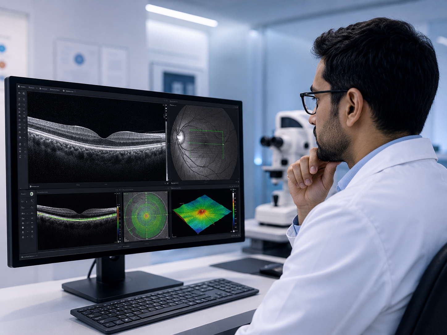 Retina specialist reviewing an OCT scan at Dayal Eye Centre