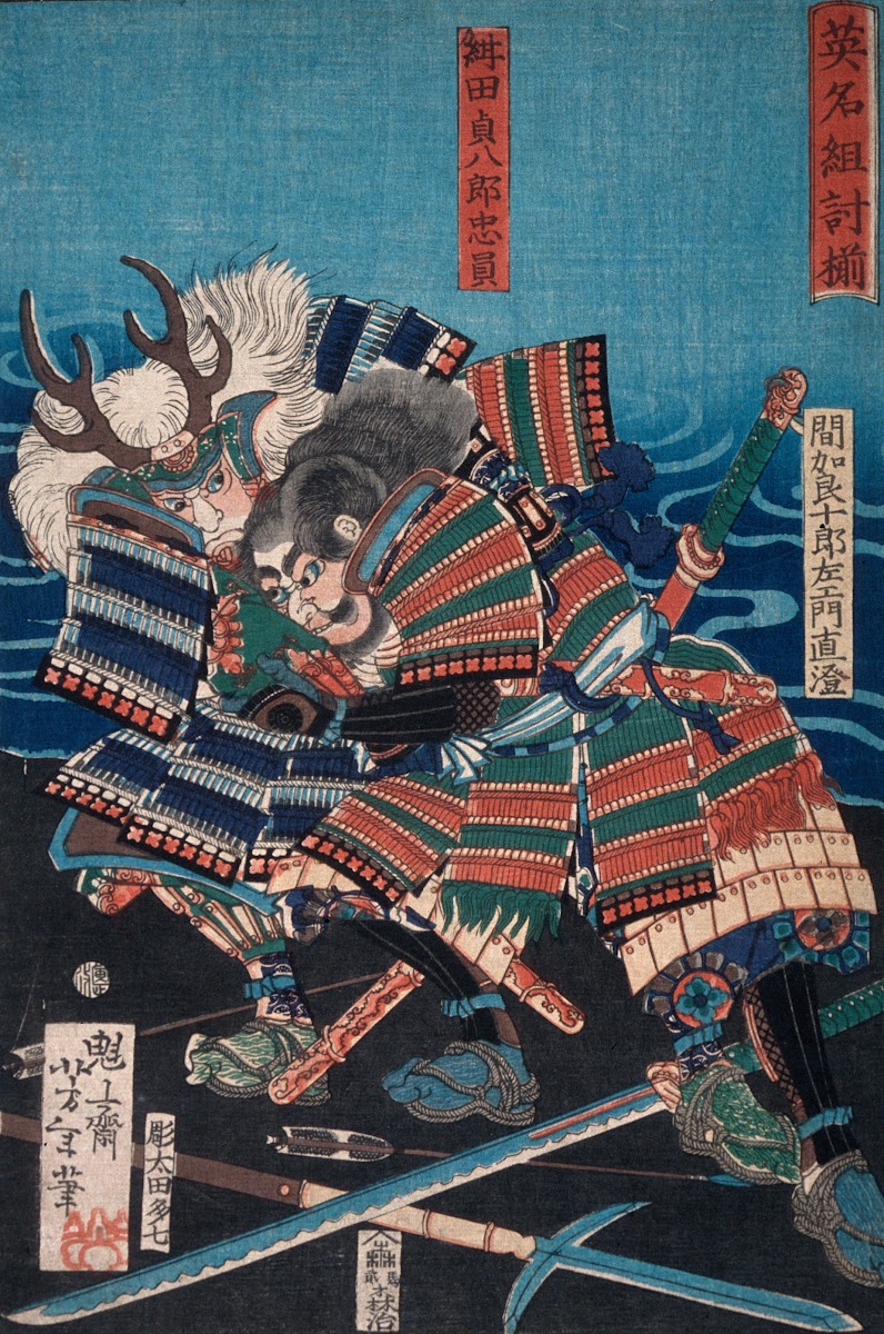 Konda Teihachirō Tadakazu and Makara Jūrōzaemon Naozumi Grappling by the Water 1