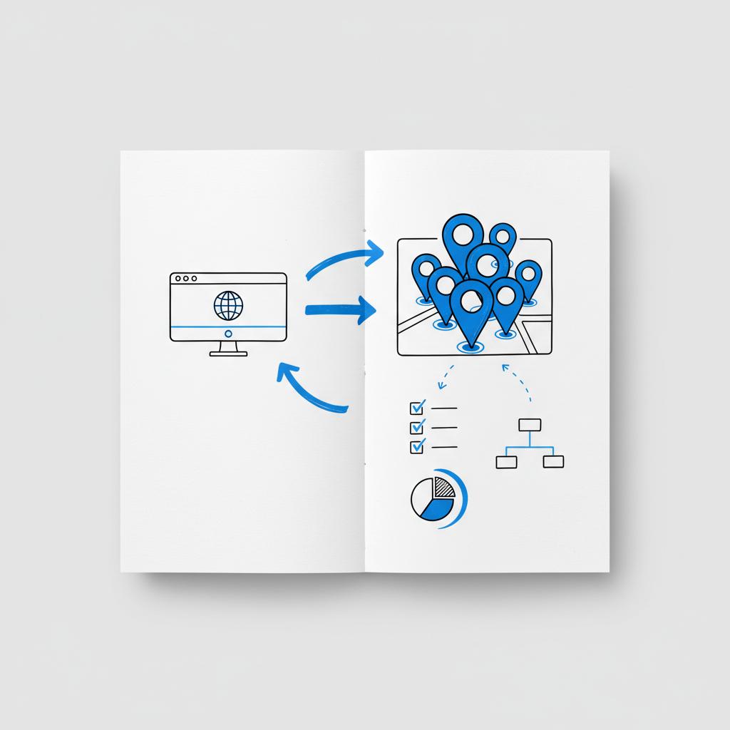 Notebook-style sketch of a website icon with arrows pointing to clustered map pins and a visual checklist, illustrating how to get a company to come up on Google
