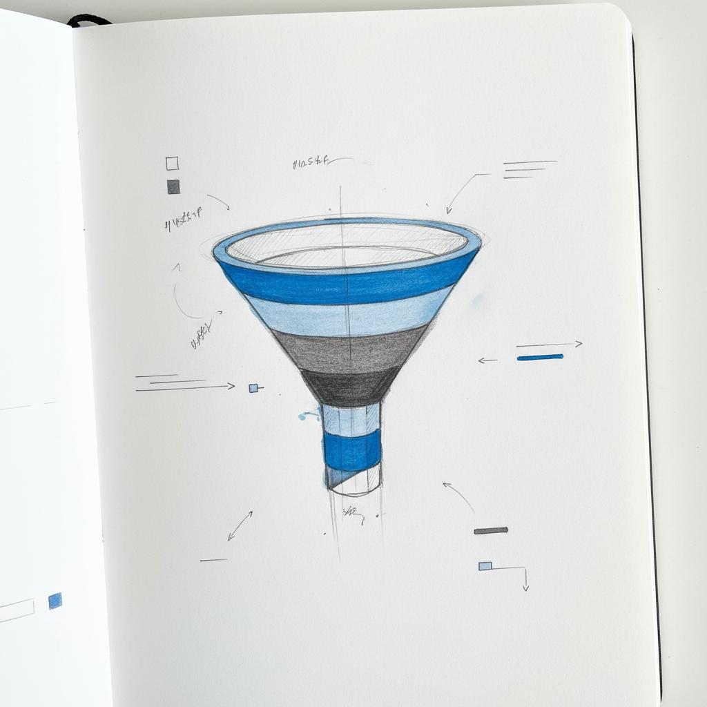 Close-up sketch of a five-layer funnel on a white notebook page with pencil arrows and illegible annotations, segments shaded in #1a5bfb and #39383f, minimalist strategist layout &mdash; 5 A's of branding