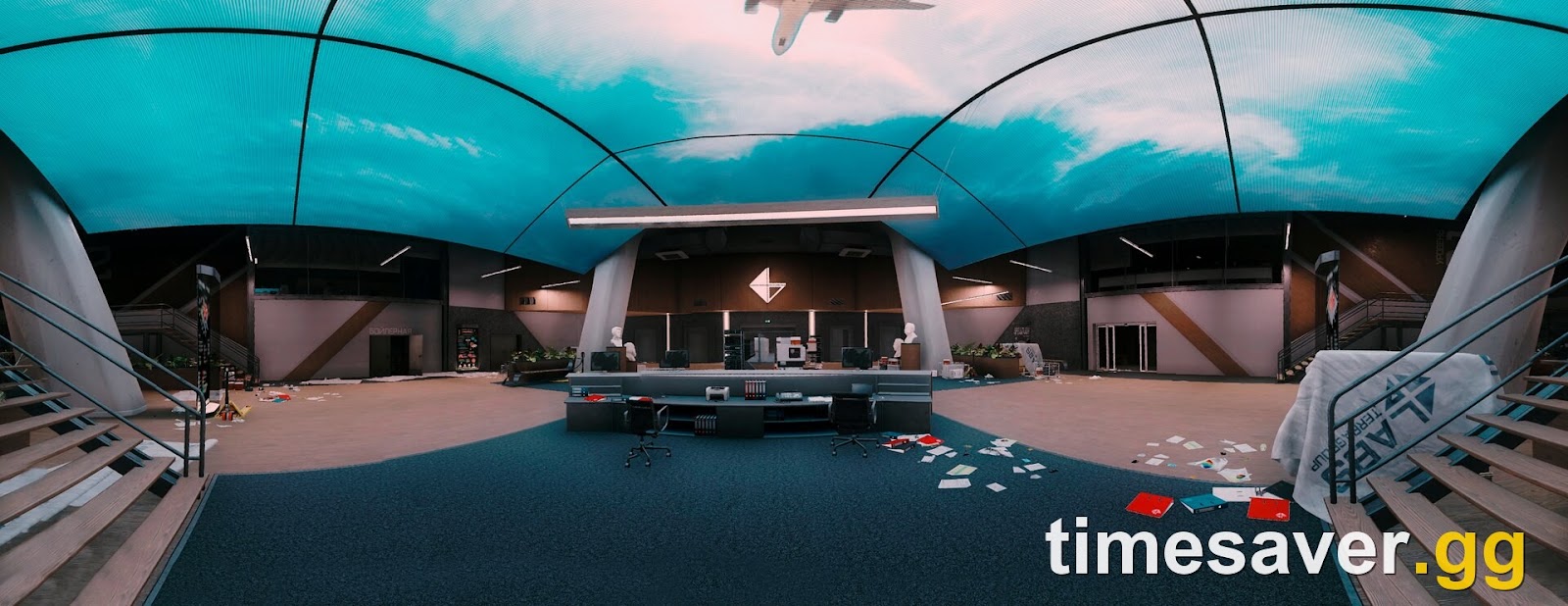 The central atrium of The Lab in Escape from Tarkov — sky-ceiling dome, reception desk and documents scattered across the floor