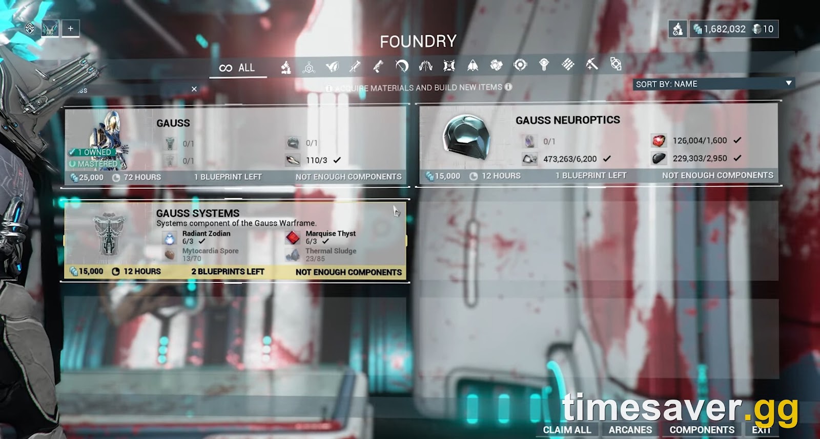 The Foundry crafting screen for Gauss, where each part is built with credits and resources after its blueprint drops