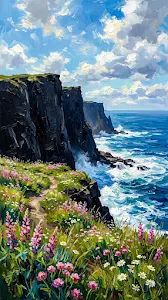Impressionist Painting of High Sea Cliffs and a Wildflower Meadow