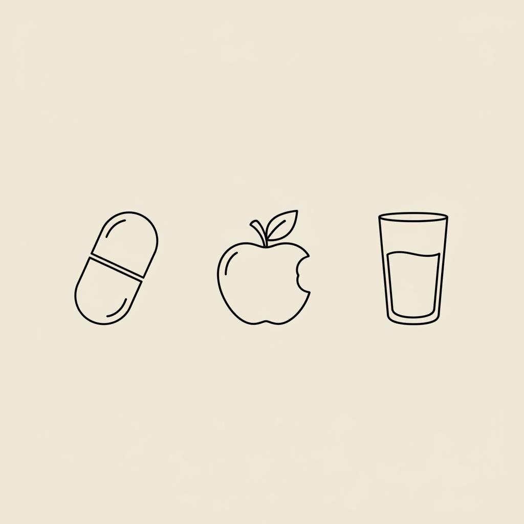 Minimal Tonum-style line illustration of a capsule, bitten apple, and water glass on a flat beige background — what is a natural alternative to phentermine?