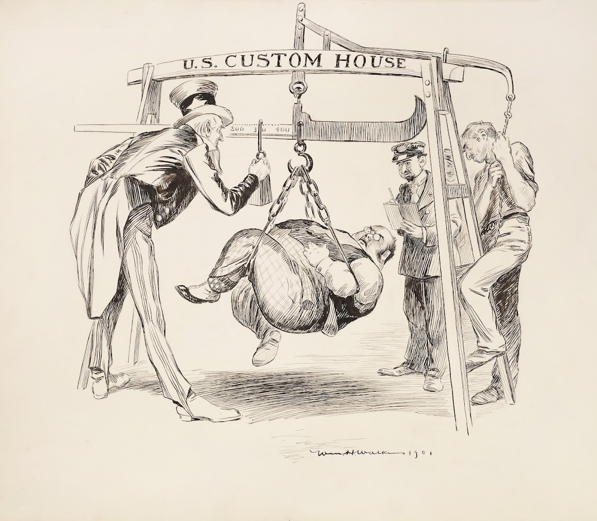 Uncle Sam weighs a fat man at the US Custom House 1901