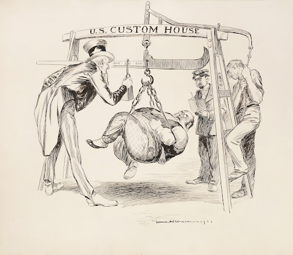 Uncle Sam weighs a fat man at the US Custom House 1901