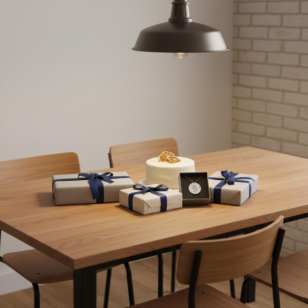 Intime Esszimmeraufnahme mit Geschenken, schlichter Vanilletorte und offenem Geschenk mit Metallanhänger – was kann man seinem vater zum geburtstag schenken