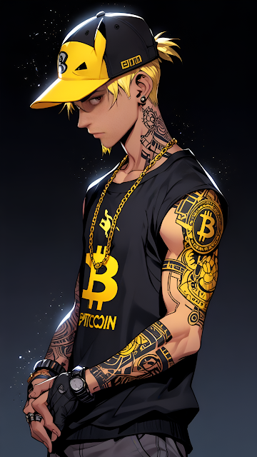 Anime Man with Bitcoin Tattoos and Gold Chain in Space - Free mobile Wallpaper