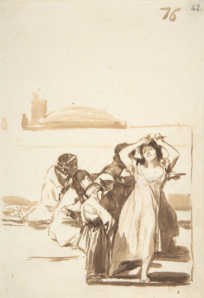 A woman pulling at her hair being watched by a group of figures ca 181220