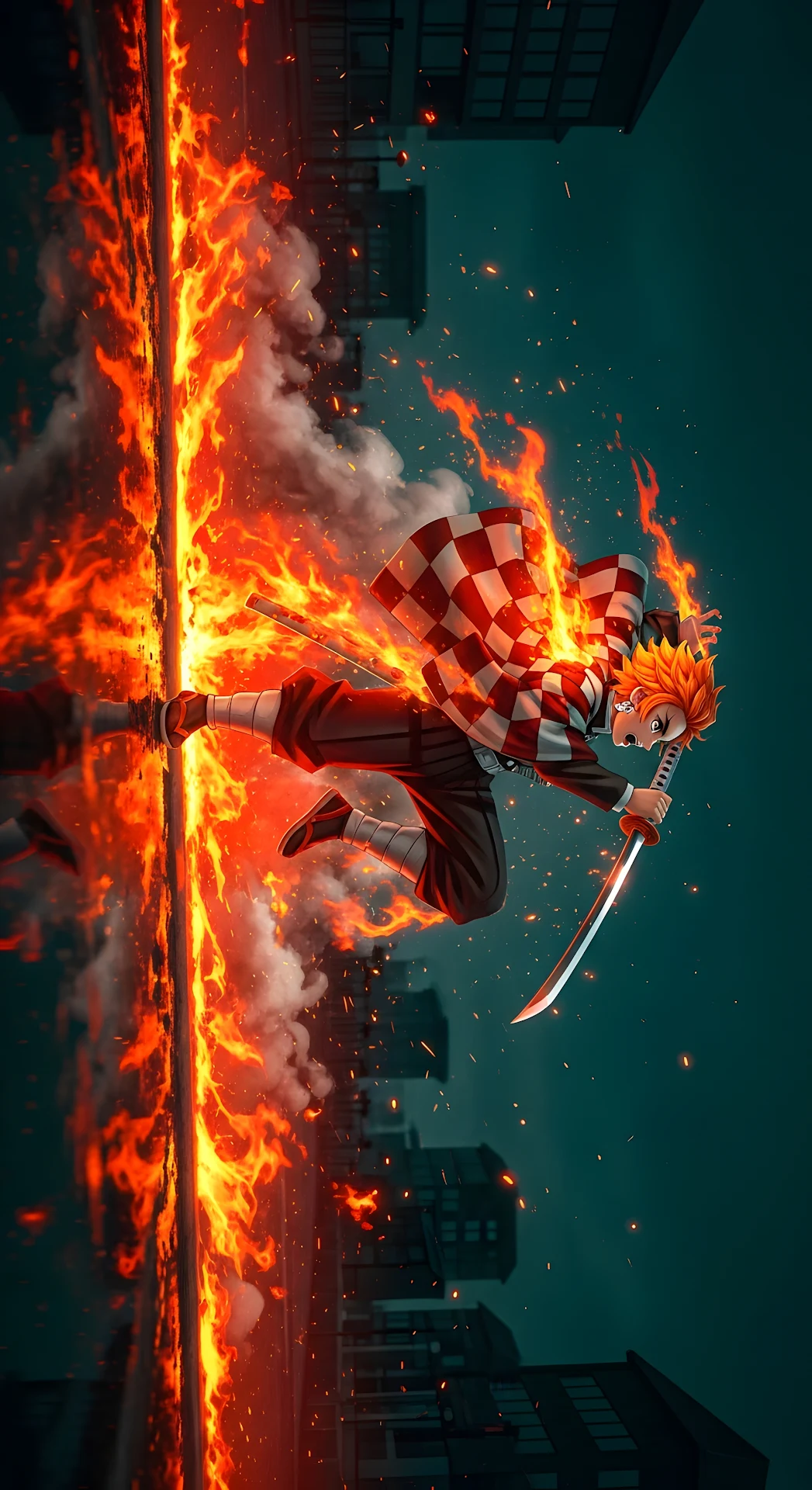 Anime Swordsman Fire Breath Attack City Action Scene - Free 4K mobile Wallpaper