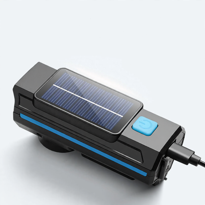 Bike light, solar charging, with horn and bell