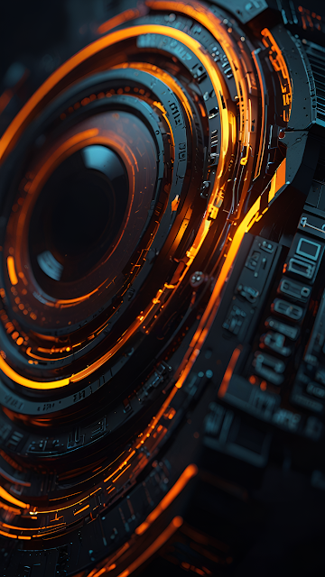 Glowing Cybernetic Core with Orange Neon Circuits - Free mobile Wallpaper