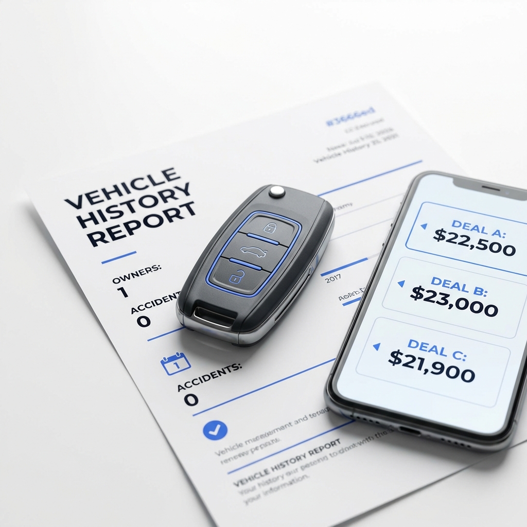 Car key vehicle history report page and smartphone with price labels on white background illustrating what is the four square trick at a car dealership