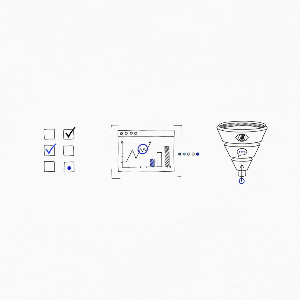 Minimal vector sketch of a testing dashboard with hand-drawn graphs, a small checklist and a symbolic funnel showing awareness, consideration and conversion &mdash; cheapest place to run ads