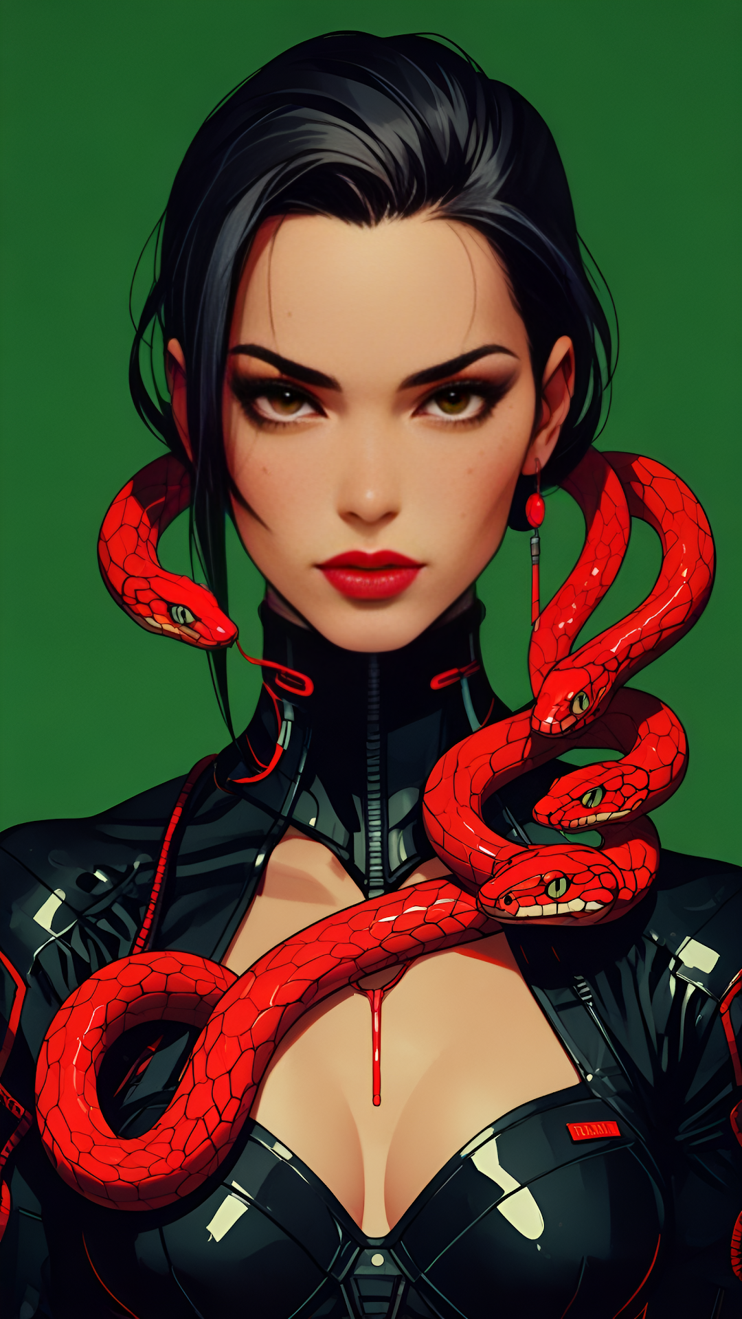 Femme Fatale Portrait Red Snakes Cyberpunk Fashion Art - Free 4K mobile Wallpaper