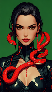 Femme Fatale Portrait Red Snakes Cyberpunk Fashion Art