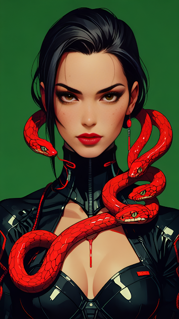 Femme Fatale Portrait Red Snakes Cyberpunk Fashion Art - Free mobile Wallpaper