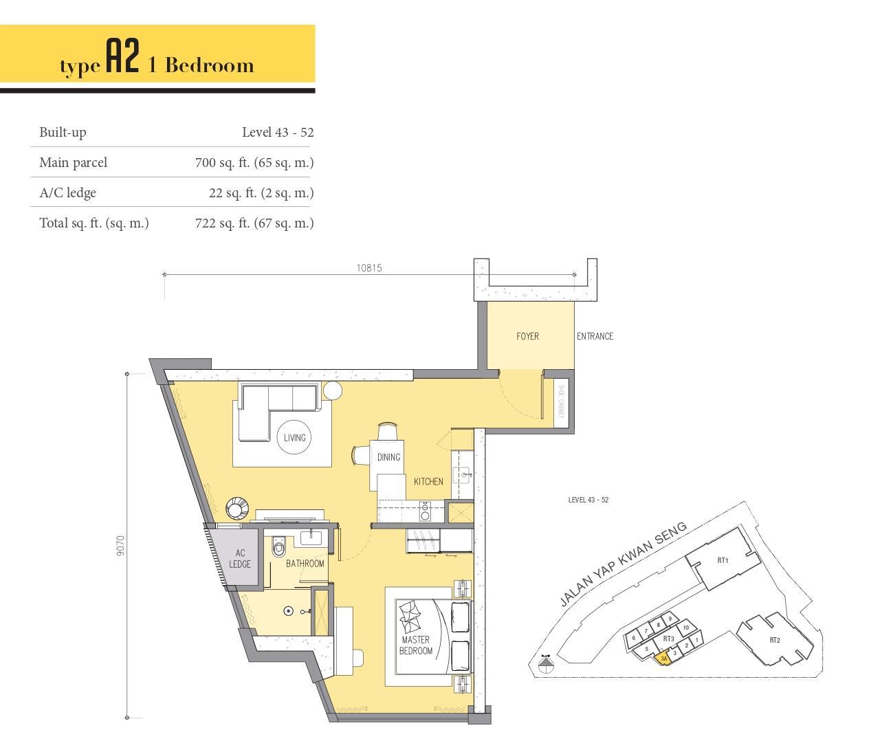 Type A2 floor plan, 722 sqft