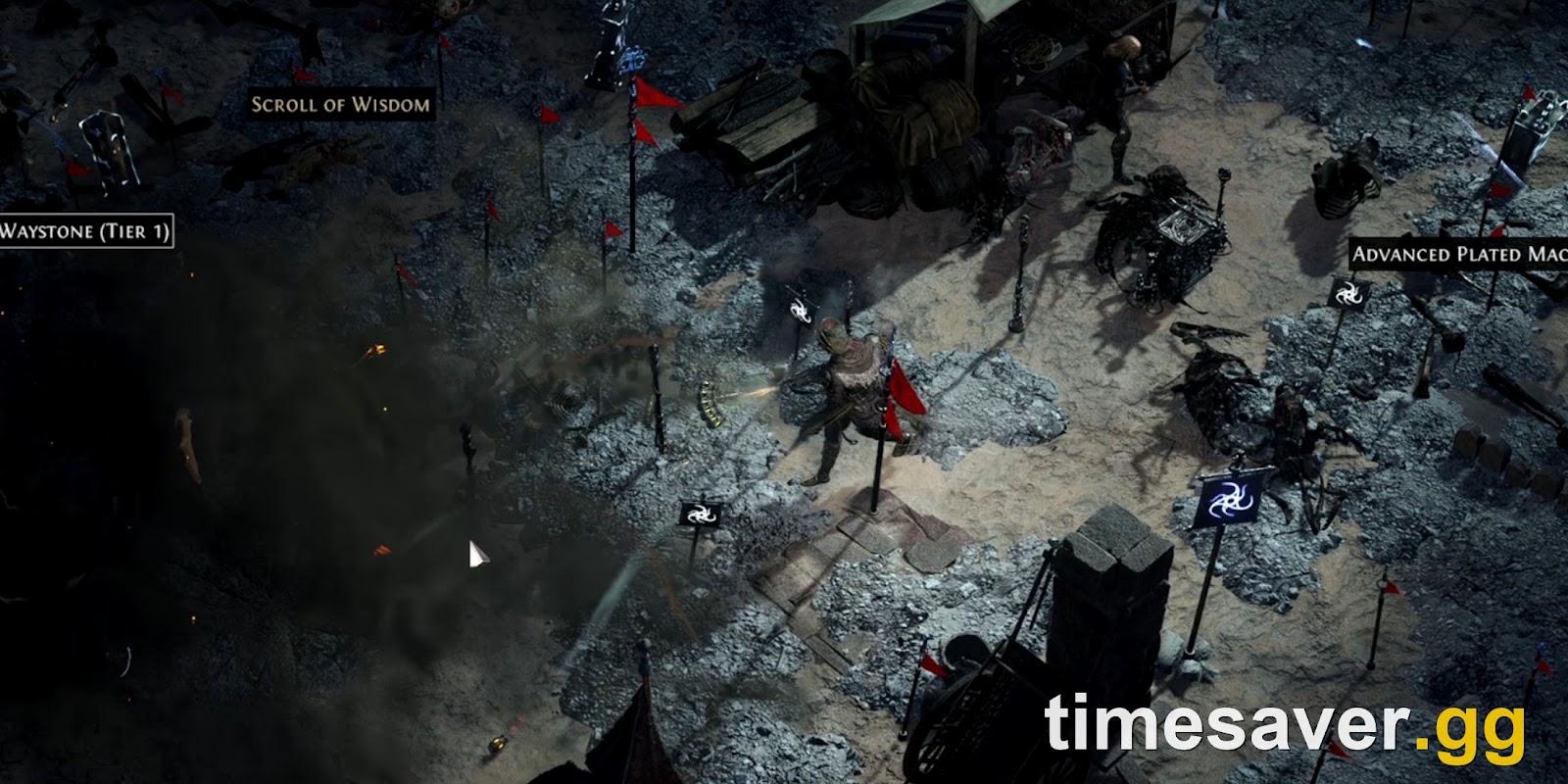 PoE2 Expedition dig site with a chain of explosive markers laid across the excavation toward Unearthed Remnants and Runic Monster markers
