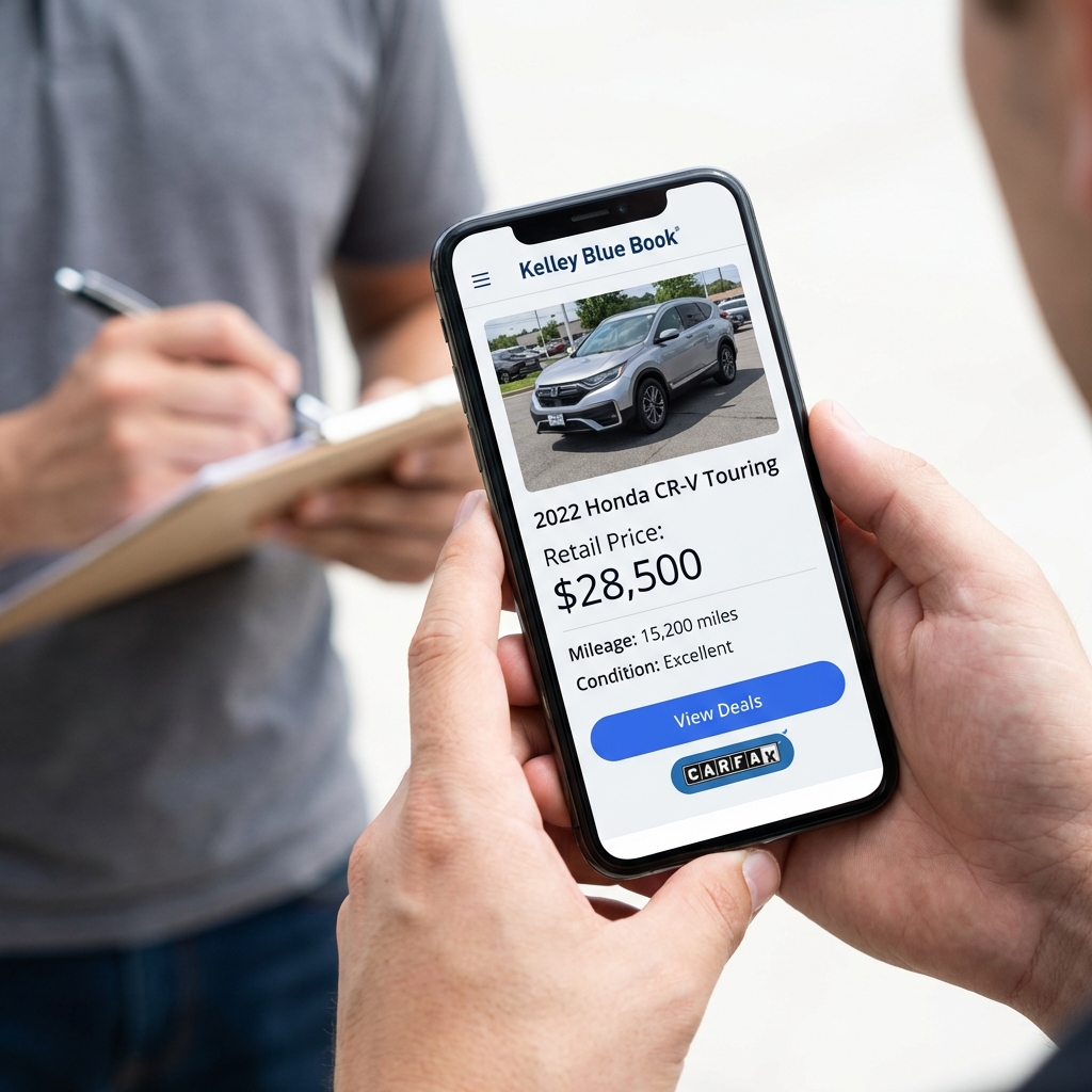 Close up of a smartphone showing a Kelley Blue Book style retail listing on a CarFax Deals themed app with a second person taking notes in the background black book car value