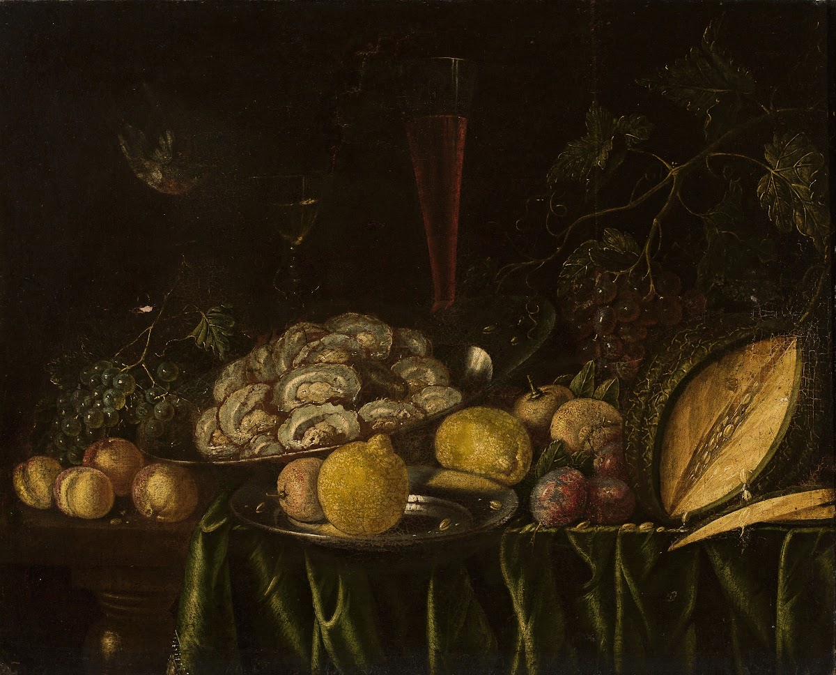 Still life with  fruit mussels and a bird 1654