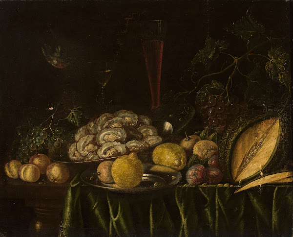 Still life with  fruit mussels and a bird 1654
