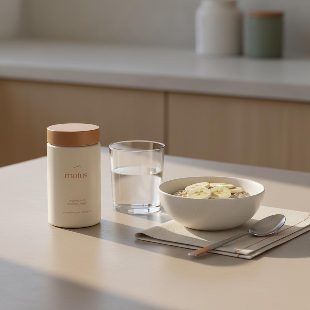 Minimalist kitchen table with Tonum Motus bottle beside a bowl of oatmeal and a glass of water, illustrating mct oil liver effects and a weight-management lifestyle.