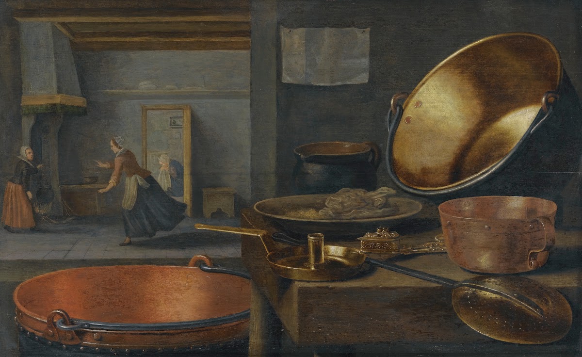 A Kitchen Still Life With Pots And Pans On A Stone Ledge And Animated Figures In