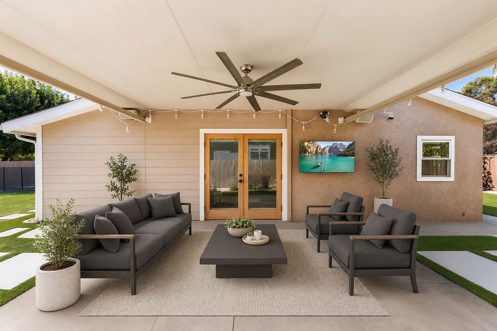 Covered patio with outdoor seating