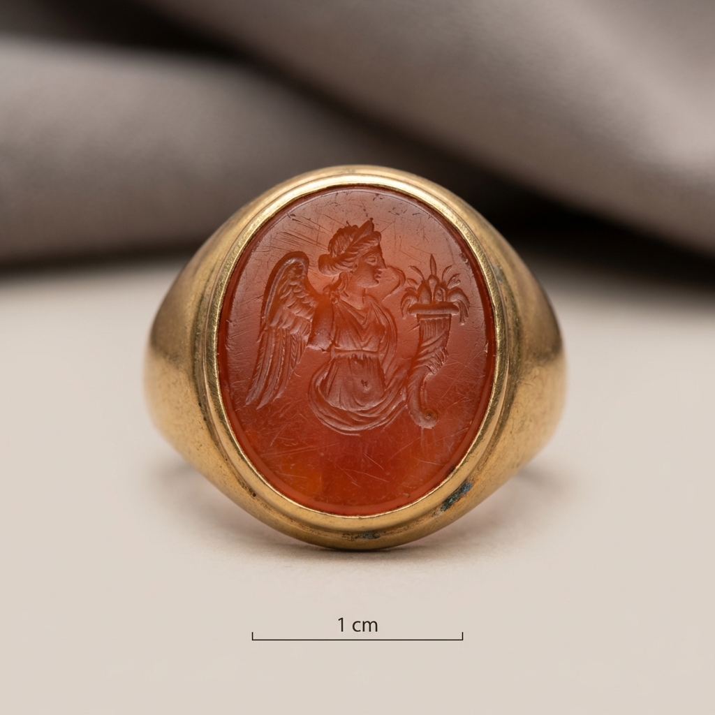 Macro photo of a gold ring roman bezel with carnelian intaglio showing carved figure and visible toolmarks and a small scale bar on a pale beige background ede7da minimalist museum style