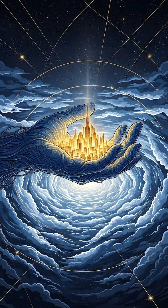 Cosmic Hand Holding Golden City Above Swirling Clouds