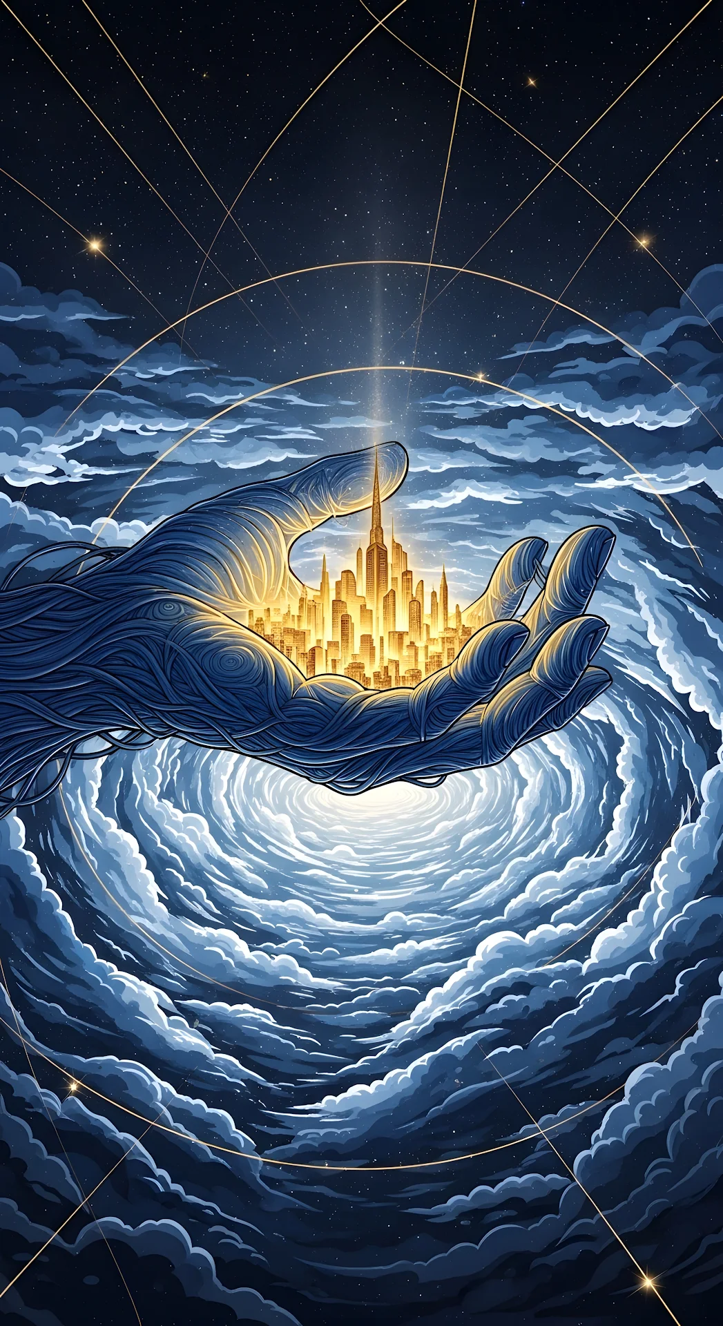 Cosmic Hand Holding Golden City Above Swirling Clouds - Free 4K mobile Wallpaper