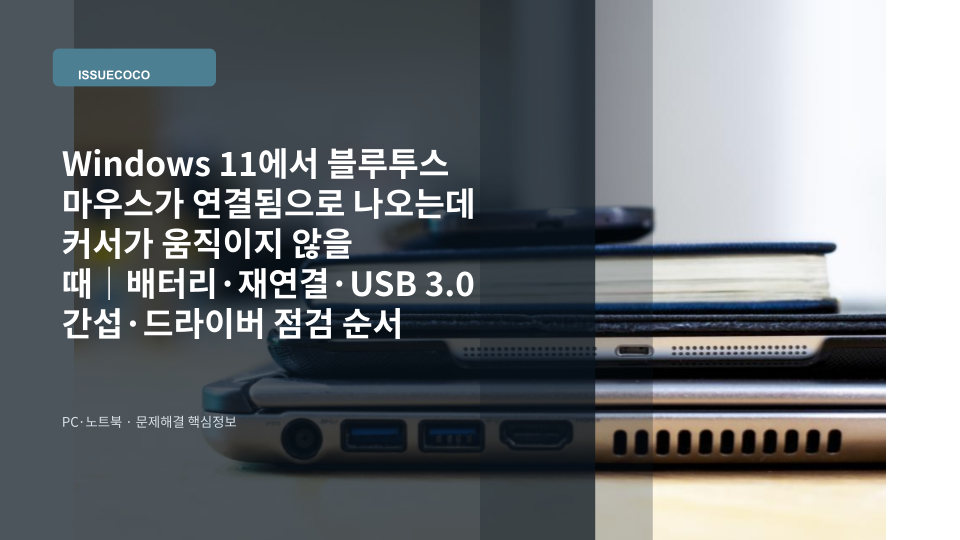 Windows 11 노트북 옆 블루투스 무선 마우스가 연결되어 있지만 커서가 움직이지 않는 상황