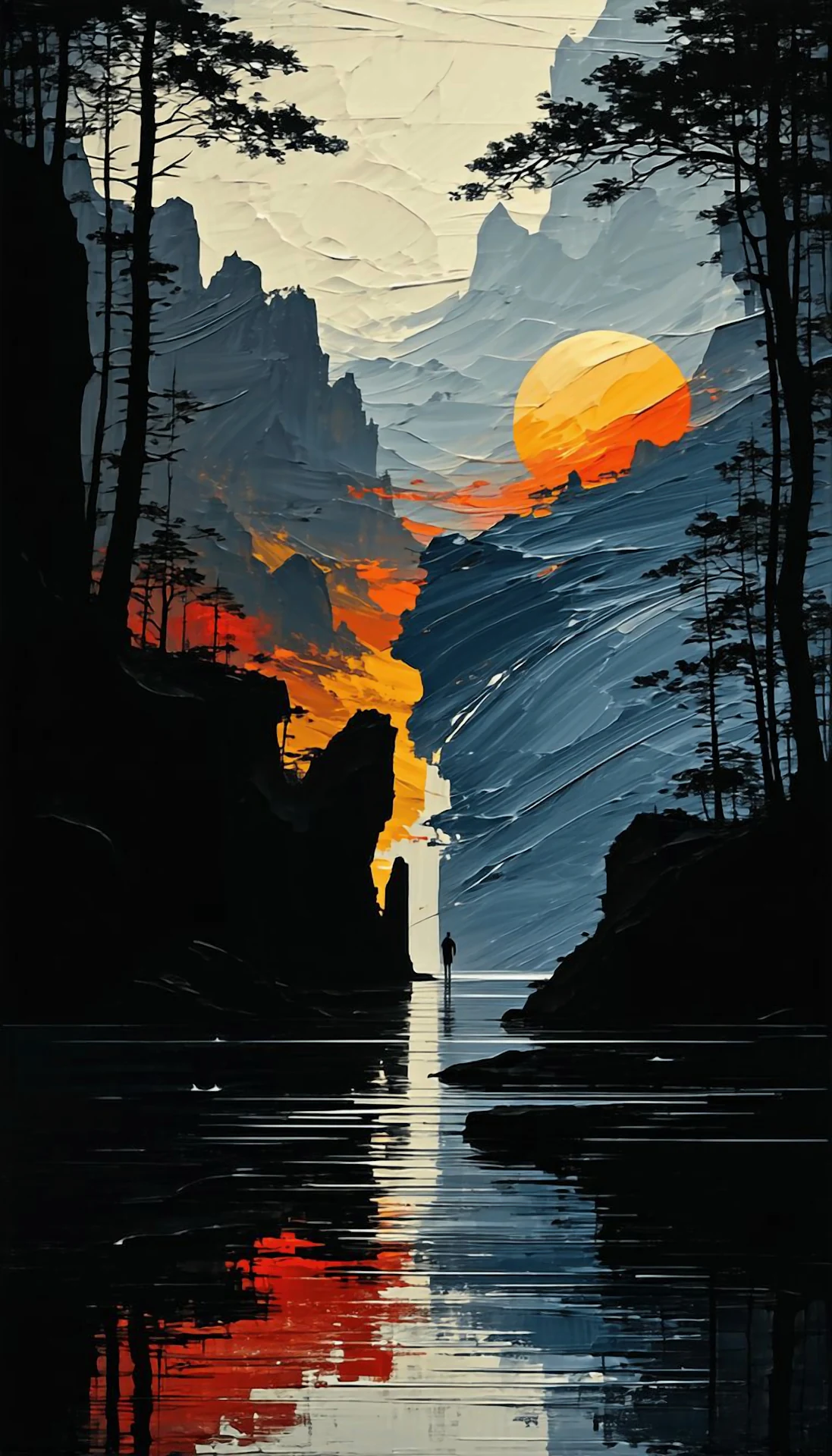 Impasto Sunset Gorge Reflection Oil Painting Style Art - Free 4K mobile Wallpaper